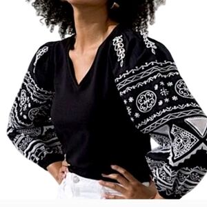 Chico's Black And White V-neck With Puffy Embroided Sleeves XXL Top